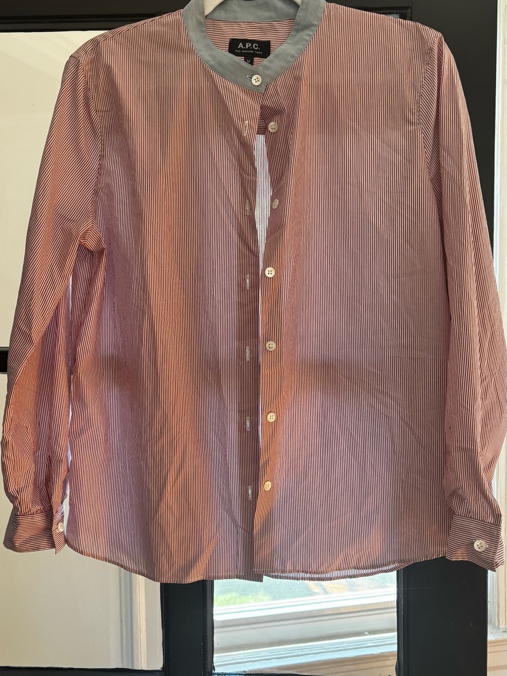 A.P.C. Red and White Pinstripe Collarless Shirt